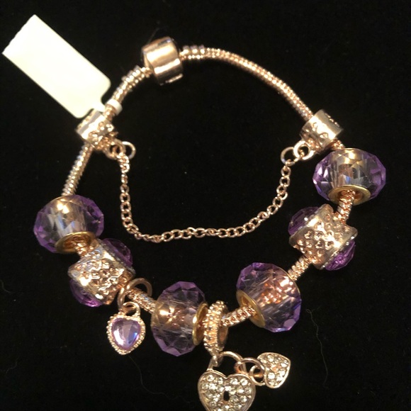 NWT Purple Austrian Crystal Bead Bracelet & Heart - Picture 4 of 8